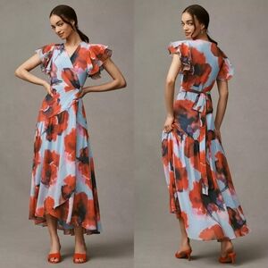Anthropologie Hutch Zola Floral Flutter Sleeve Wrap Maxi Dress, Size Small